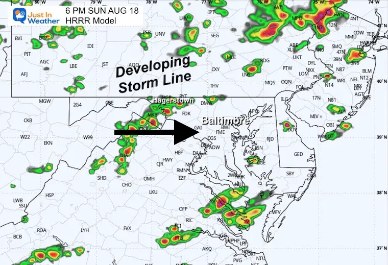 August 18 weather storm radar forecast Sunday 6 PM