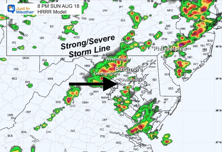 August 18 weather storm radar forecast Sunday 8 PM