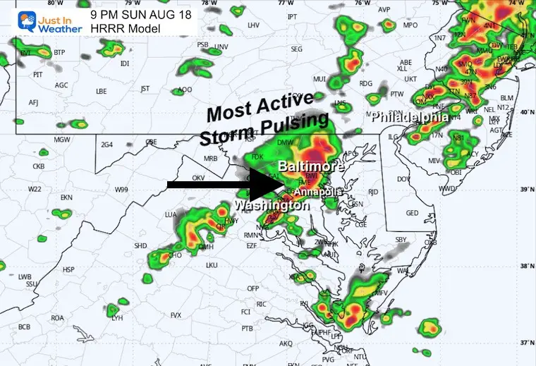 August 18 weather storm radar forecast Sunday 9 PM