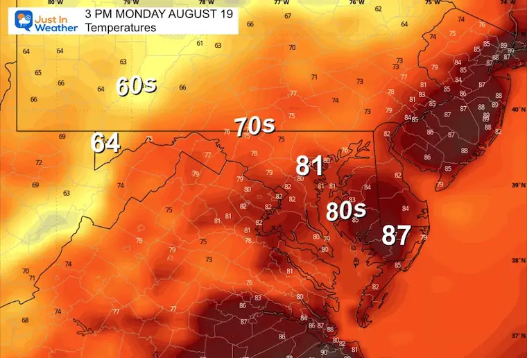 August 19 weather forecast temperatures Monday afternoon