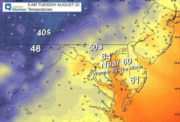 August 19 weather forecast temperatures Tuesday morning