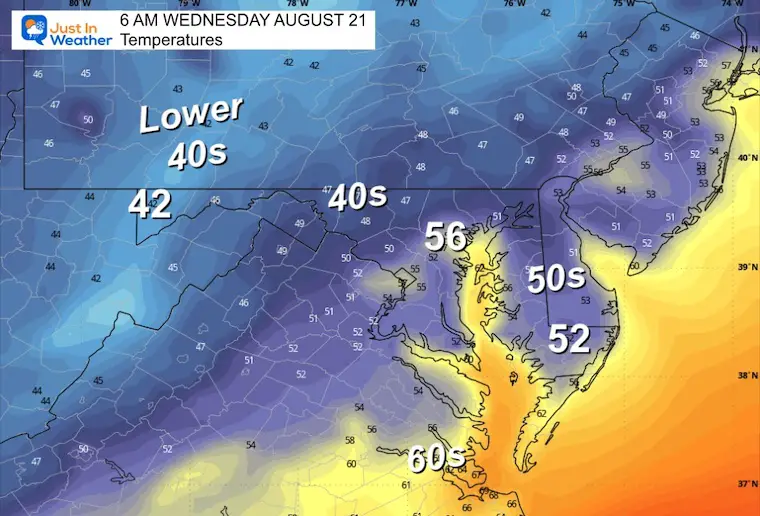 August 19 weather forecast temperatures Wednesday morning