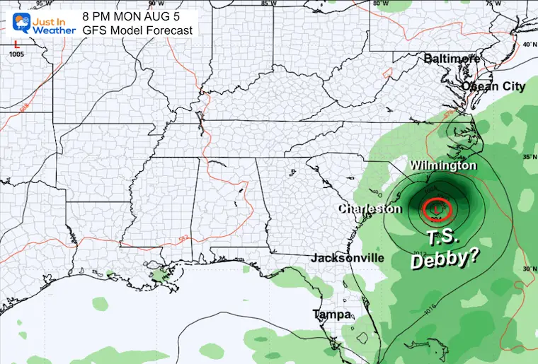 August 2 Tropical Storm Debby Forecast Monday