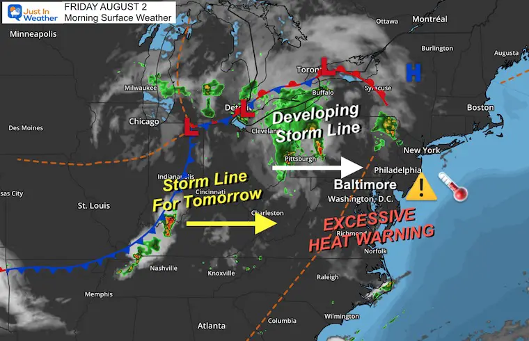 August 2 weather heat warning storm Friday morning