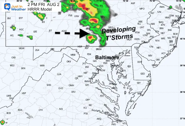 August 2 weather storm radar forecast Friday 2 PM