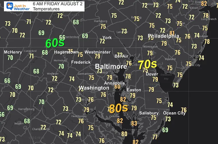 August 2 weather temperatures Friday morning