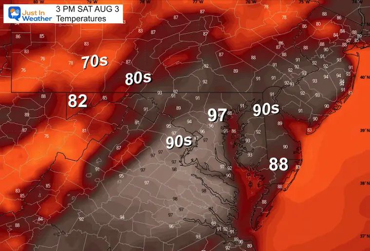 August 2 weather temperatures Saturday afternoon