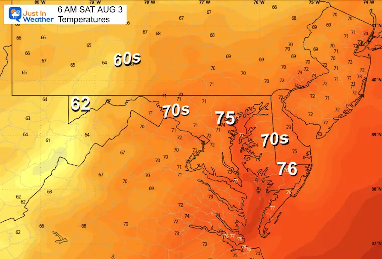 August 2 weather temperatures Saturday morning