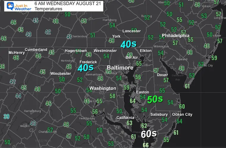 August 21 weather temperatures Wednesday morning