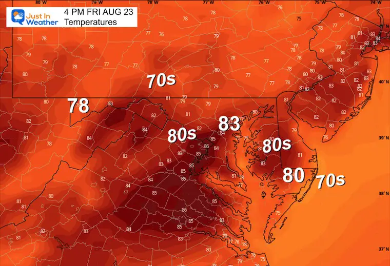 August 22 weather forecast temperatures Friday afternoon