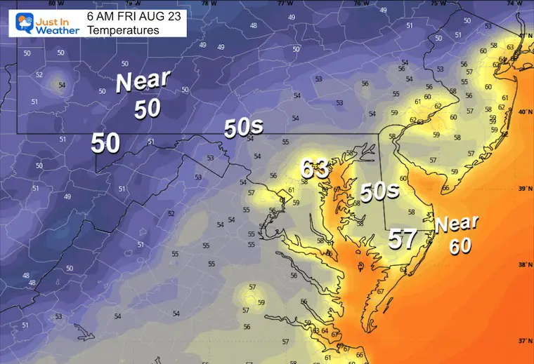 August 22 weather forecast temperatures Friday morning