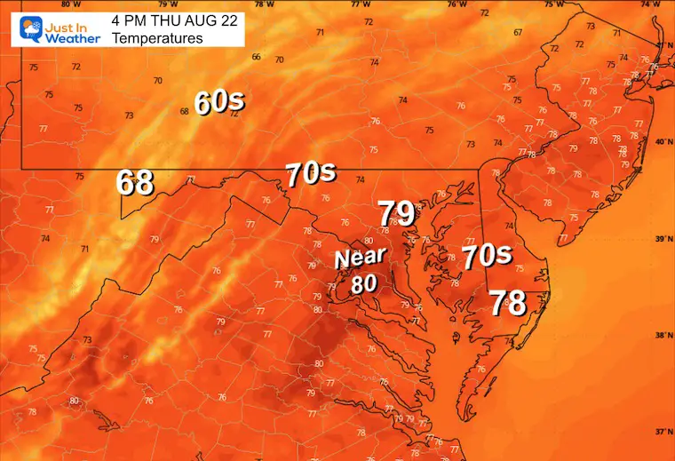 August 22 weather forecast temperatures Thursday afternoon