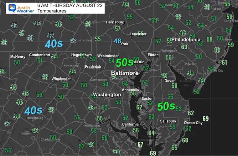 August 22 weather temperatures Thursday morning