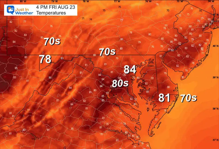 August 23 weather temperatures Friday afternoon