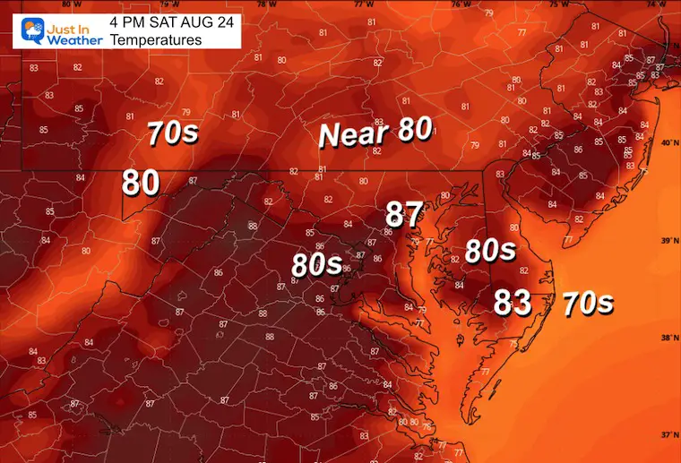 August 23 weather forecast temperatures Saturday afternoon