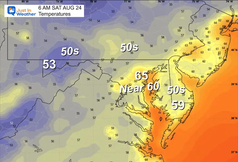 August 23 weather forecast temperatures Saturday morning