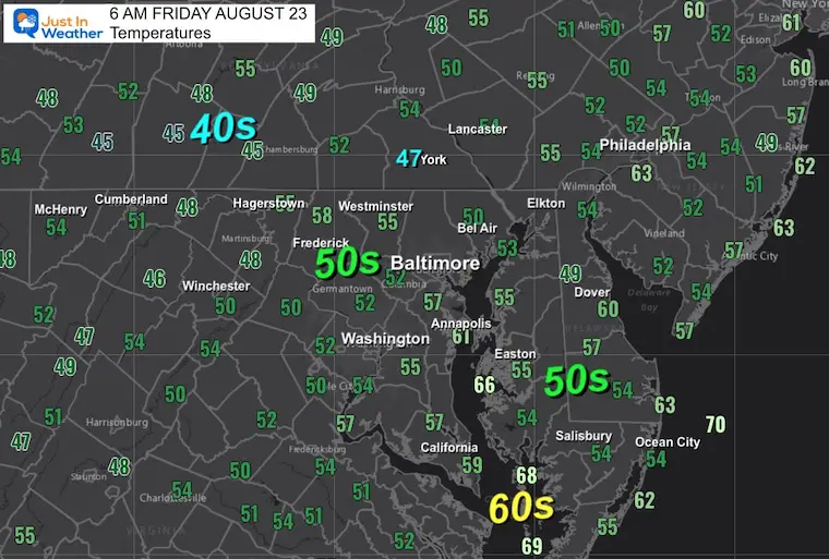 August 23 weather temperatures Friday morning