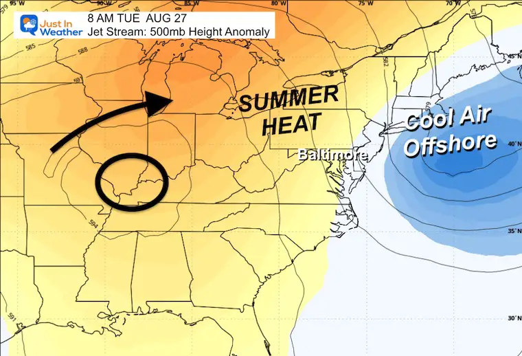 August 24 weather jet stream summer heat Tuesday