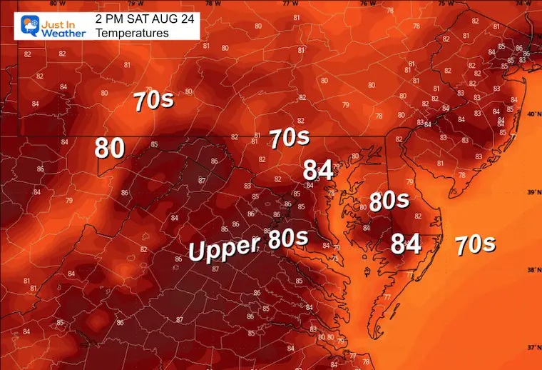 August 24 weather temperatures Saturday afternoon