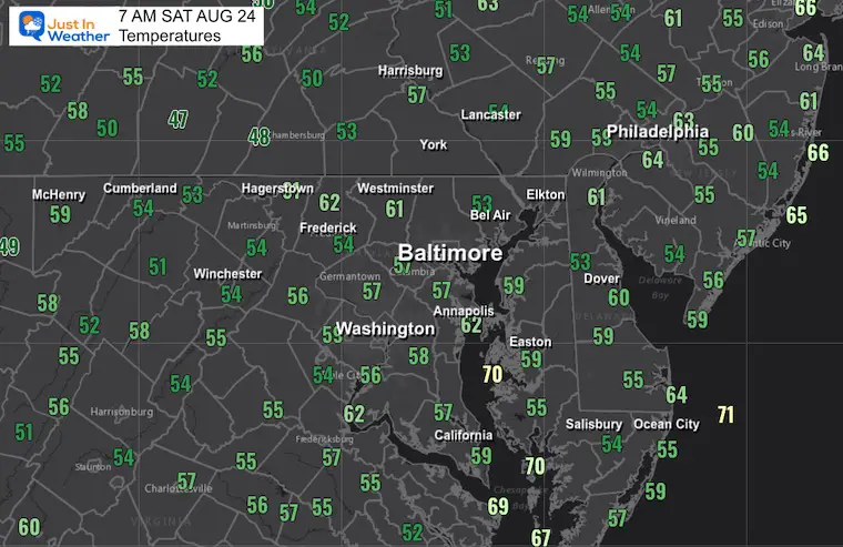 August 24 weather temperatures Saturday morning