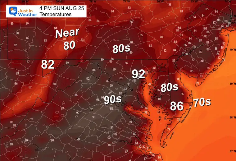 August 24 weather temperatures Sunday afternoon