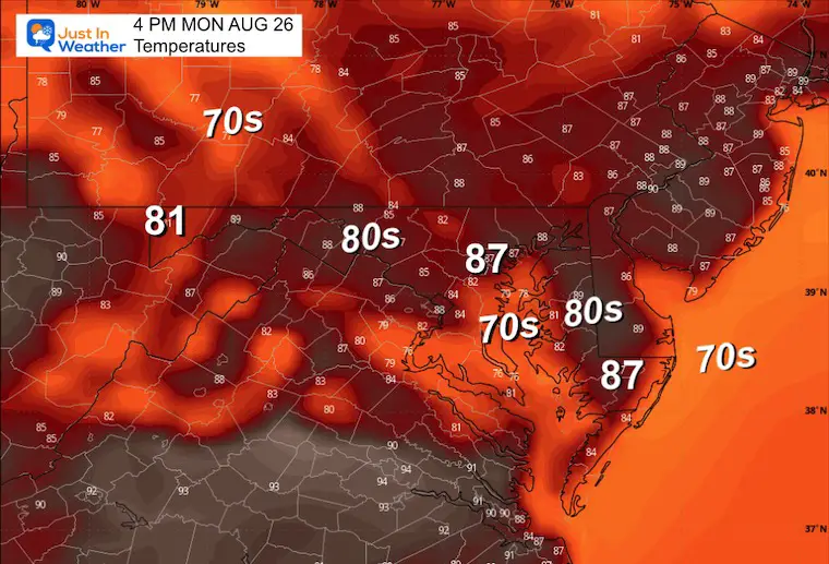 August 25 weather forecast temperatures Monday afternoon