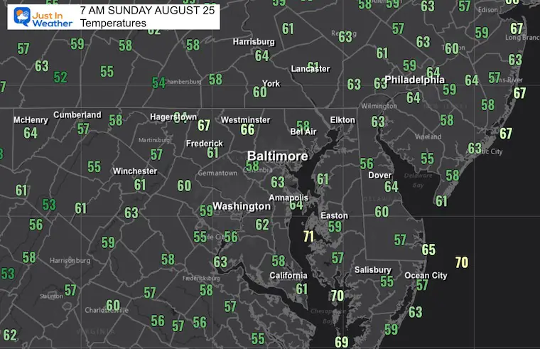 August 25 weather temperatures Sunday morning