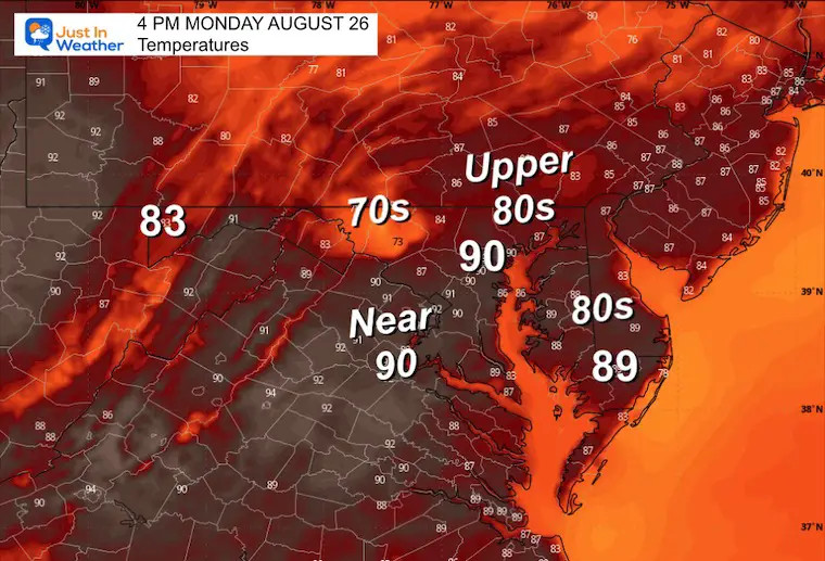 August 26 weather temperature forecast Monday afternoon