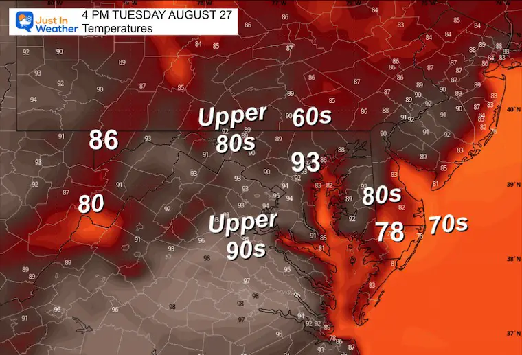 August 26 weather temperature forecast Tuesday afternoon