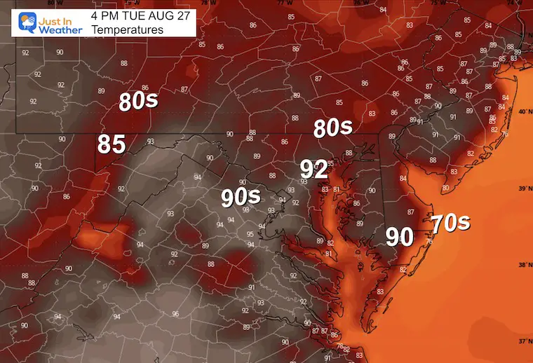 August 27 weather temperatures Tuesday afternoon