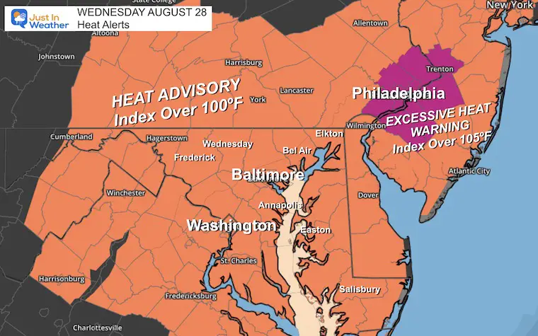 August 28 weather Heat Advisory Wednesday