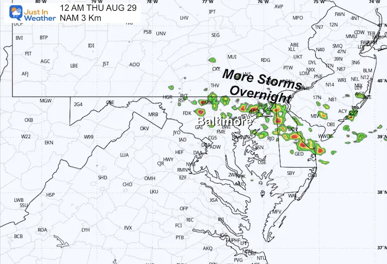 August 28 weather forecast storm radar Wednesday night