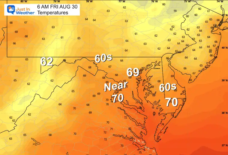 August 29 weather temperatures Friday morning