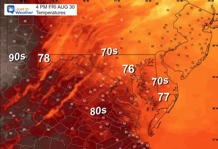 August 30 weather forecast temperatures Friday afternoon