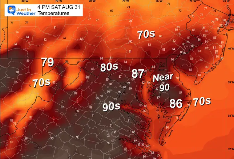 August 30 weather forecast temperatures Saturday afternoon