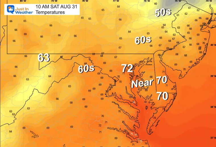 August 30 weather forecast temperatures Saturday morning