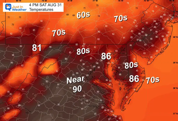 August 31 weather temperatures Saturday afternoon