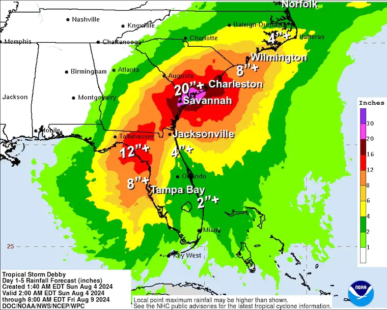 August 4 Debby Rain Forecast Florida