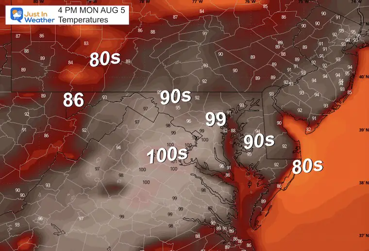 August 4 weather forecast temperature Monday afternoon