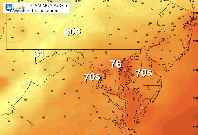 August 4 weather forecast temperature Monday morning