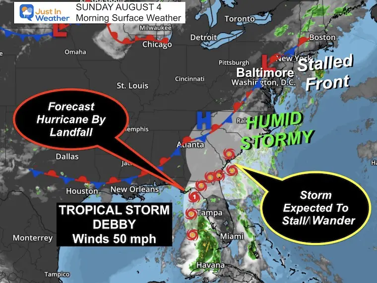 August 4 weather Sunday morning Tropical Storm Debby