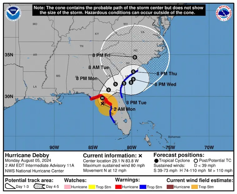 August 5 Hurricane Debby Forecast NHC