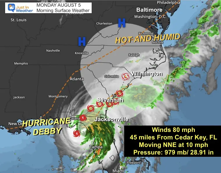 August 5 weather Hot hurricane Debby Monday Morning