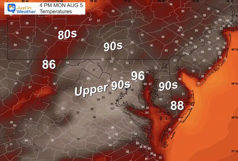 August 5 weather forecast temperatures Monday afternoon