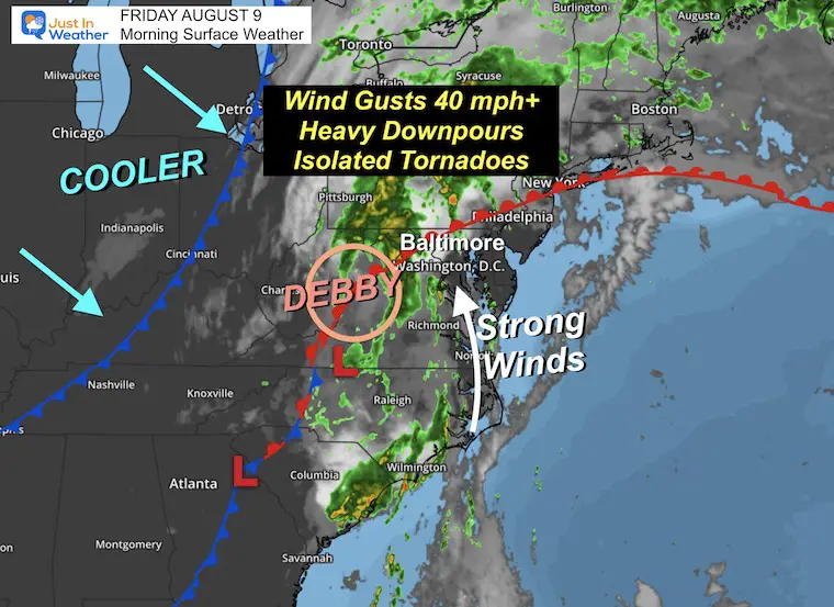 August 9 weather Debby storm Friday morning