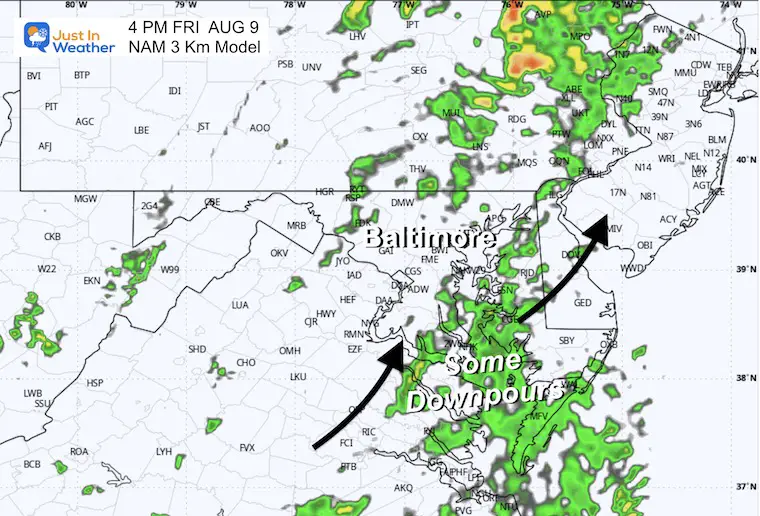 August 9 weather rain radar forecast Friday 4 PM