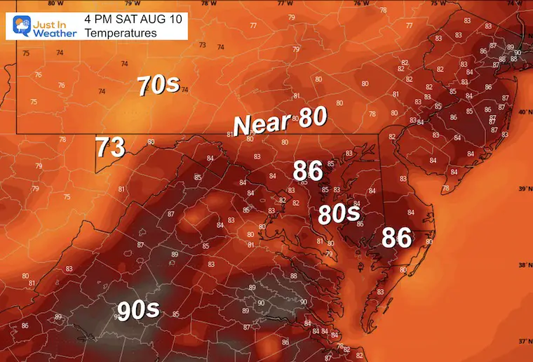 August 9 weather forecast temperatures Saturday afternoon