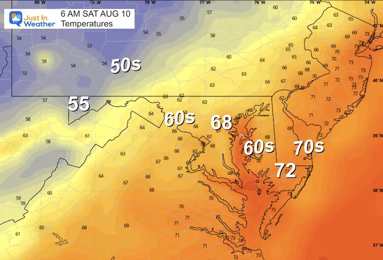 August 9 weather forecast temperatures Saturday morning