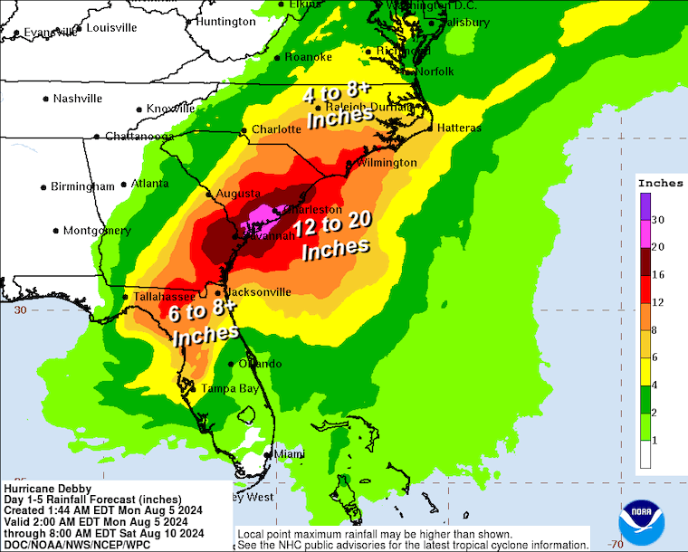 August 5 weather Debby rain forecast