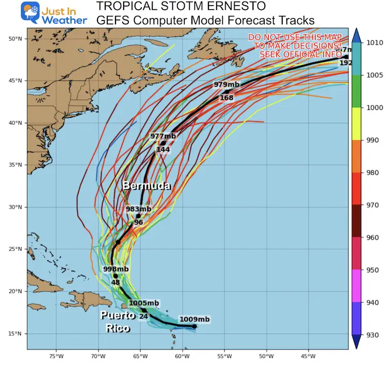 August 13 Tropical Storm Ernesto forecast tracks